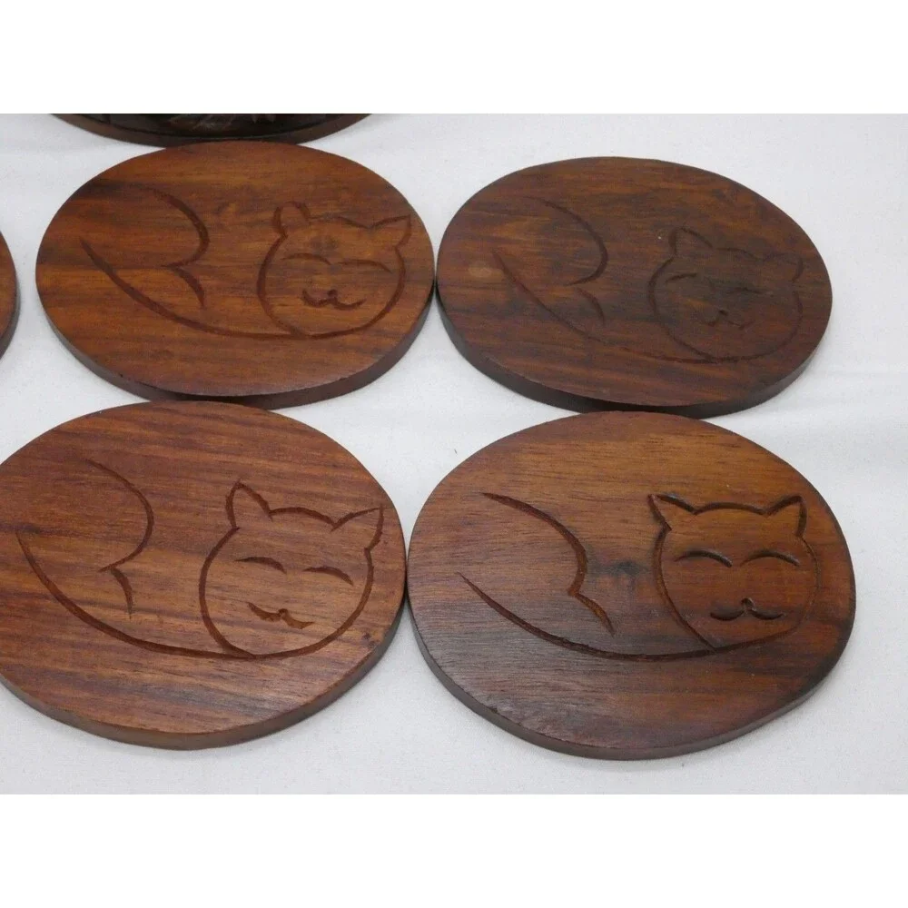 Wood Coasters Cat Kitten Set of 6 Stackable Cat Bed Holder - Carved Decor India